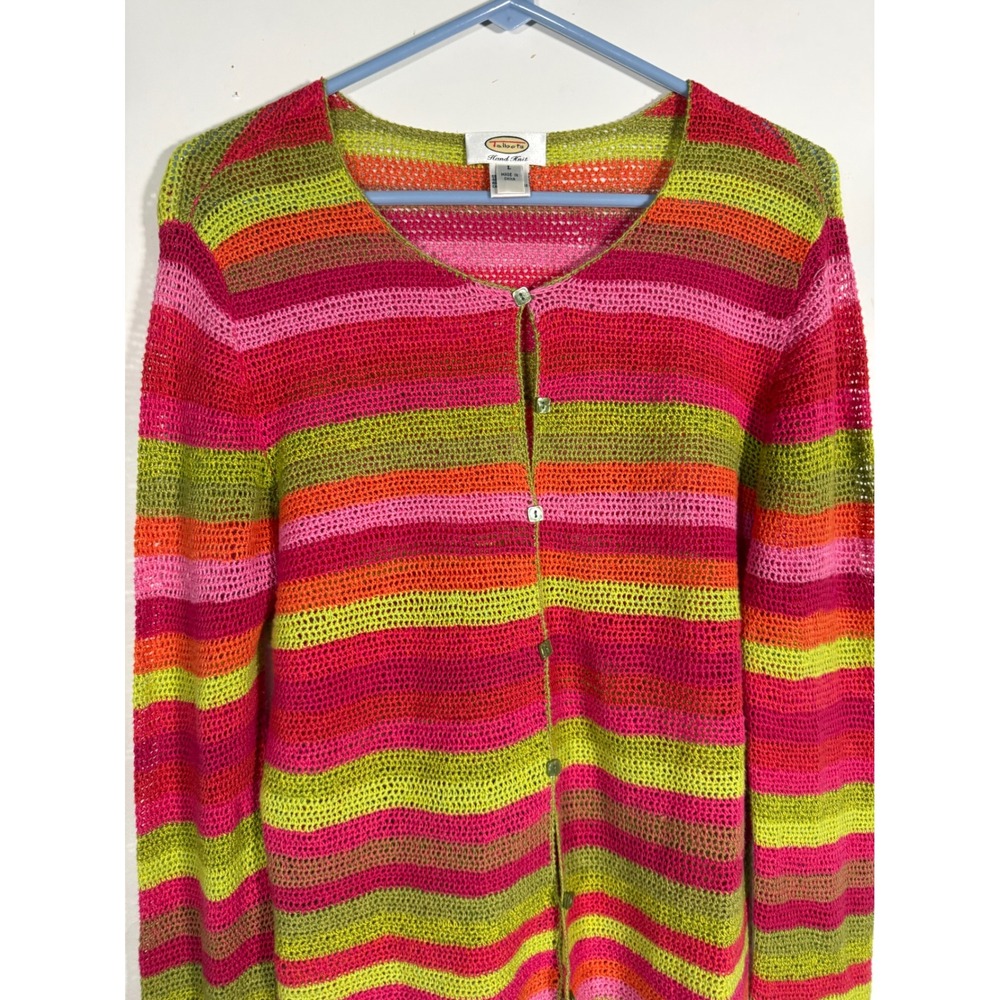 Talbots Hand Knit Striped Cardigan Pink Orange Green Crochet Sweater Large